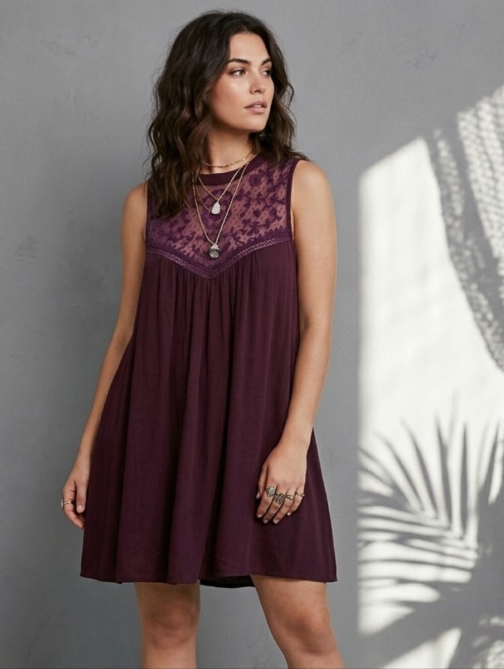 American Eagle Lace Bib Swing Mini Dress Large Burgundy Plum Whimsygoth Boho